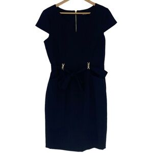 Ellen Tracy LBD black with gold metal detail belt short sleeve midi dress sz 10